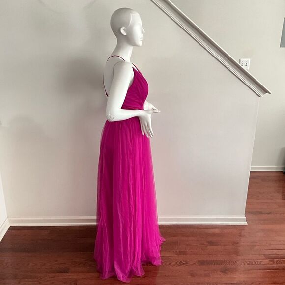 Maniju Magenta Formal Tulle Evening Gown Side Slit - Picture 9 of 12